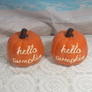 Fall into Autumn Hello Pumpkin Ceramic Pumpkins` Set of 2